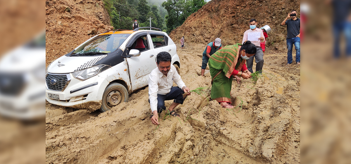 गोरखा–आरुघाट सडकमा कोदो रोप्दै जनप्रतिनिधि